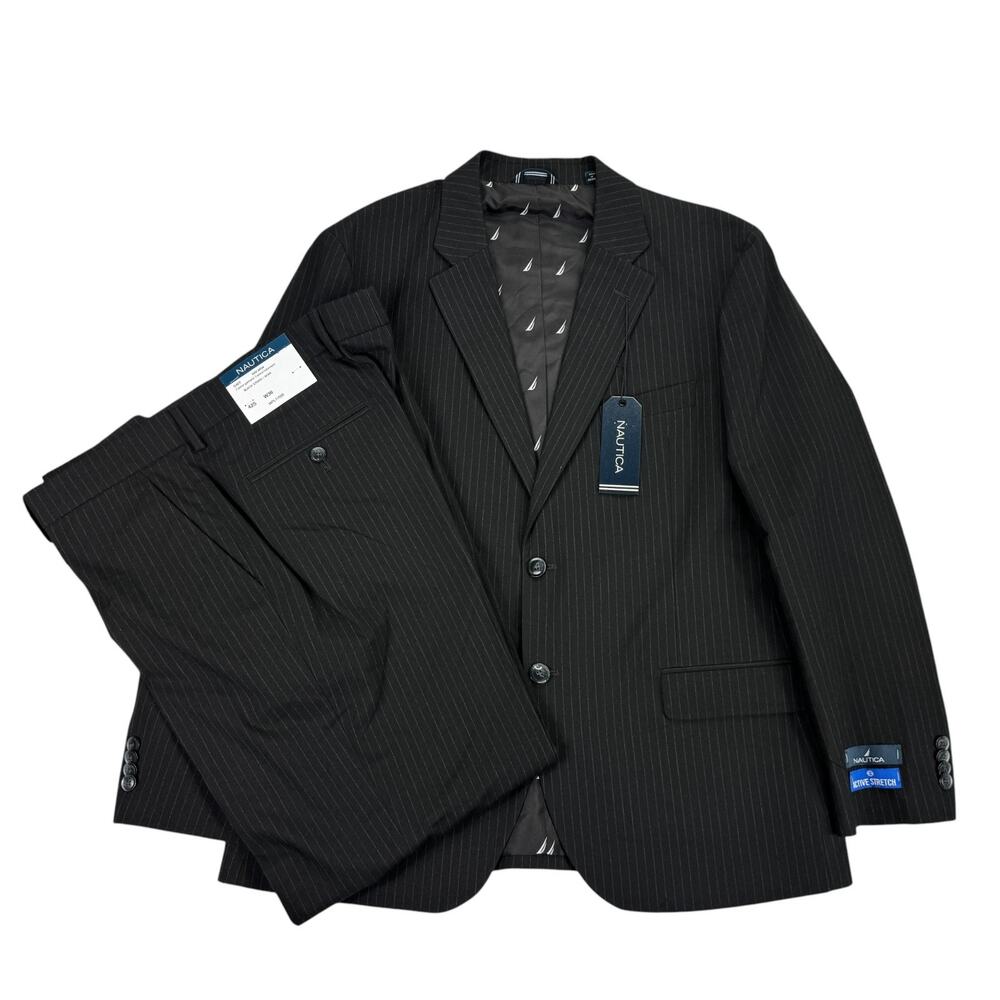 Nautica Mens 2-Piece Modern Fit Active Stretch Pinstripe Suit Black 42S 36W